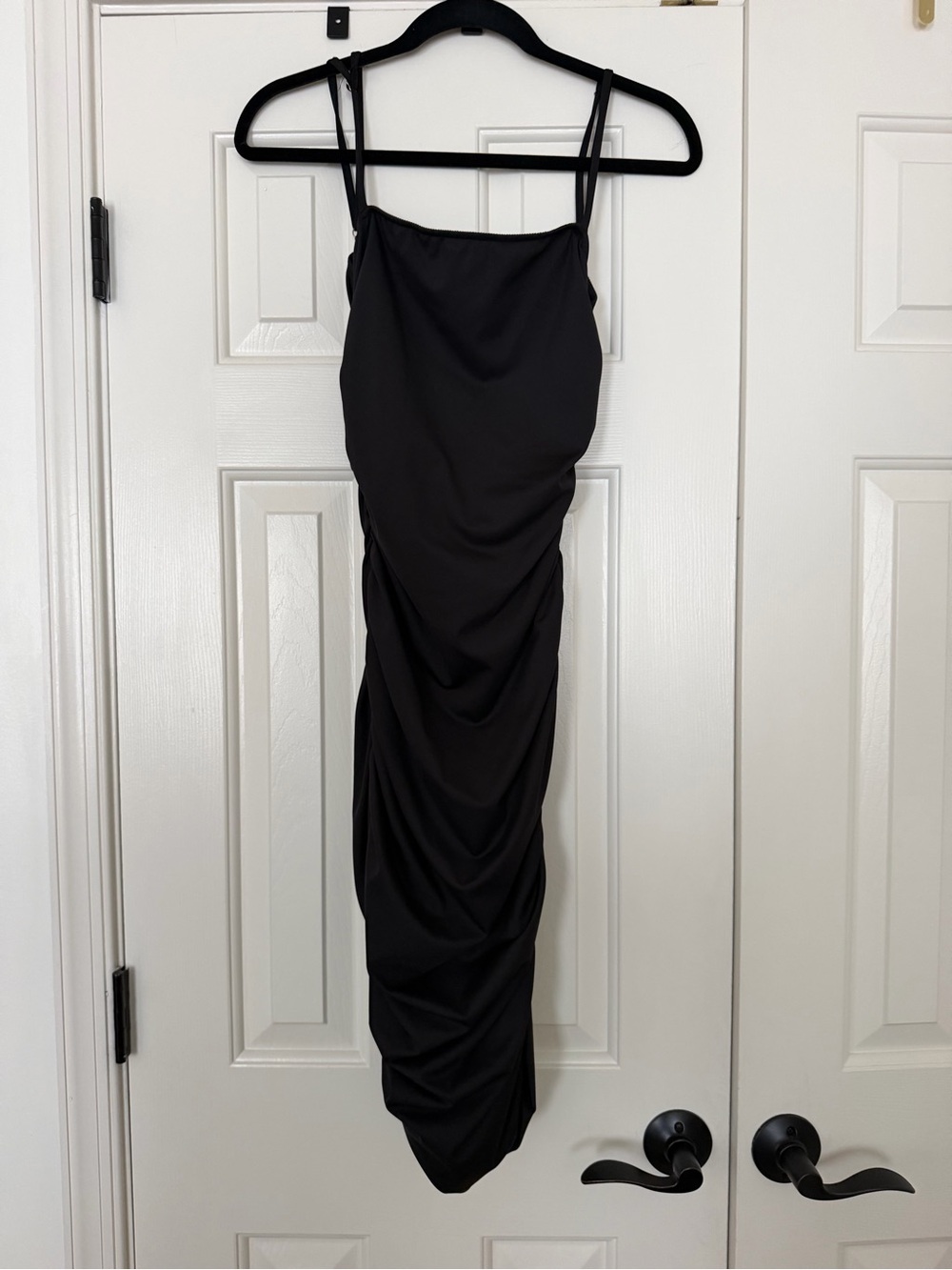 Black Ruched Slip Dress with Spaghetti Straps